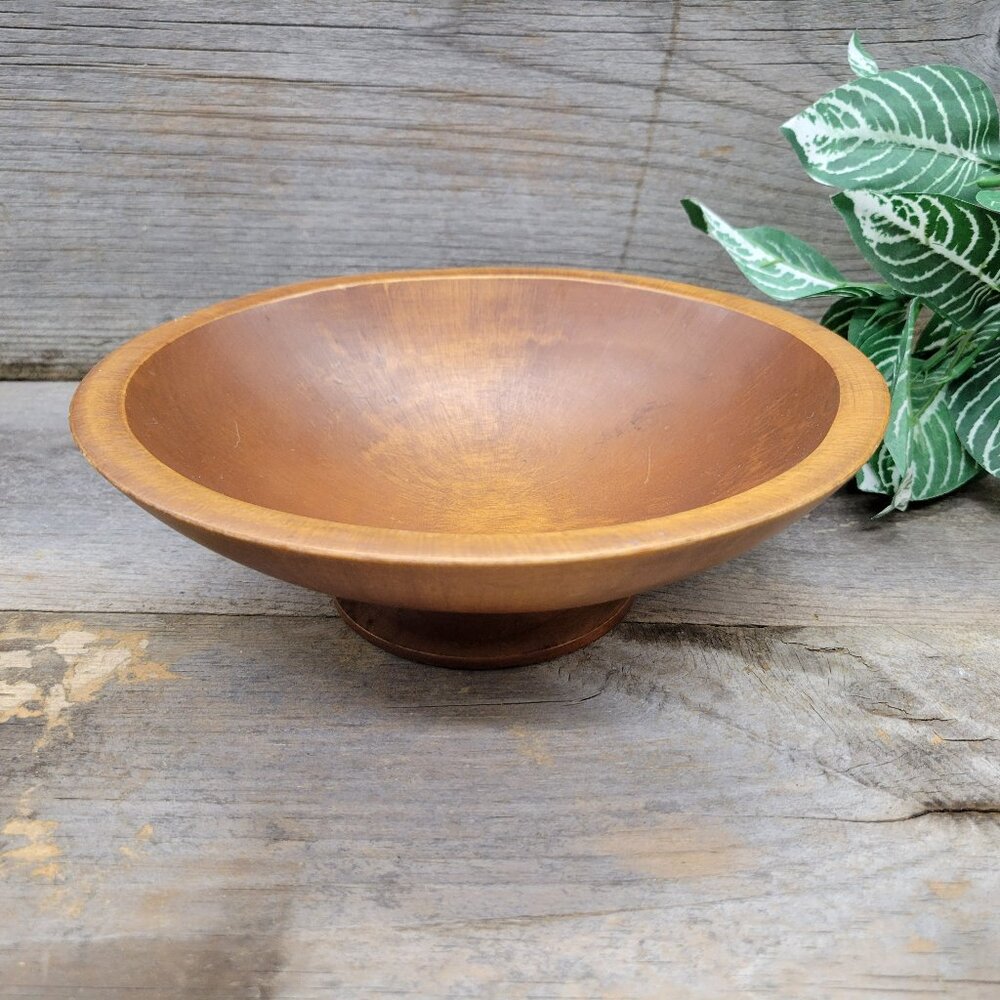 Vintage Wooden Bowl 8" Ovoid Pedestal MCM Farmhouse Bowl Woodcroftery